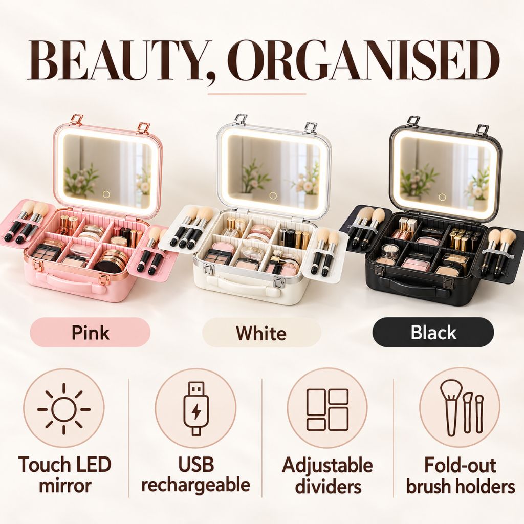 Hard Shell Travel Makeup Case with Rechargeable LED Mirror
