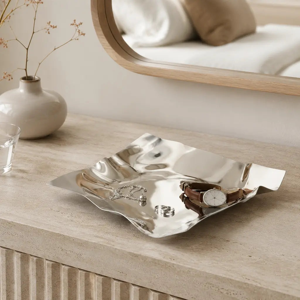 Irregular Stainless Steel Storage Tray on a premium modern dressing table