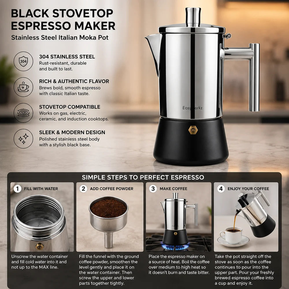 Italian moka pot - stainless steel with black base design – view 6