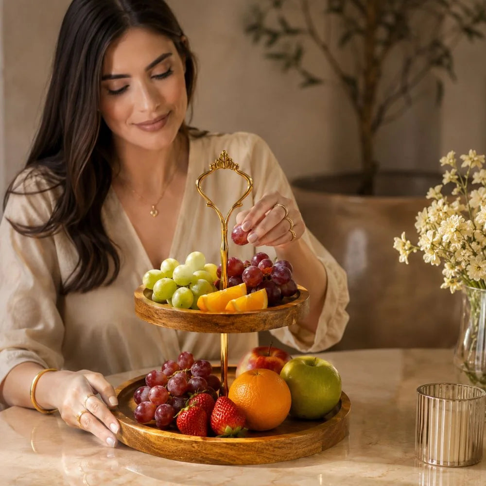 Japanese solid wood fruit tray two tier round snack plate - view 5