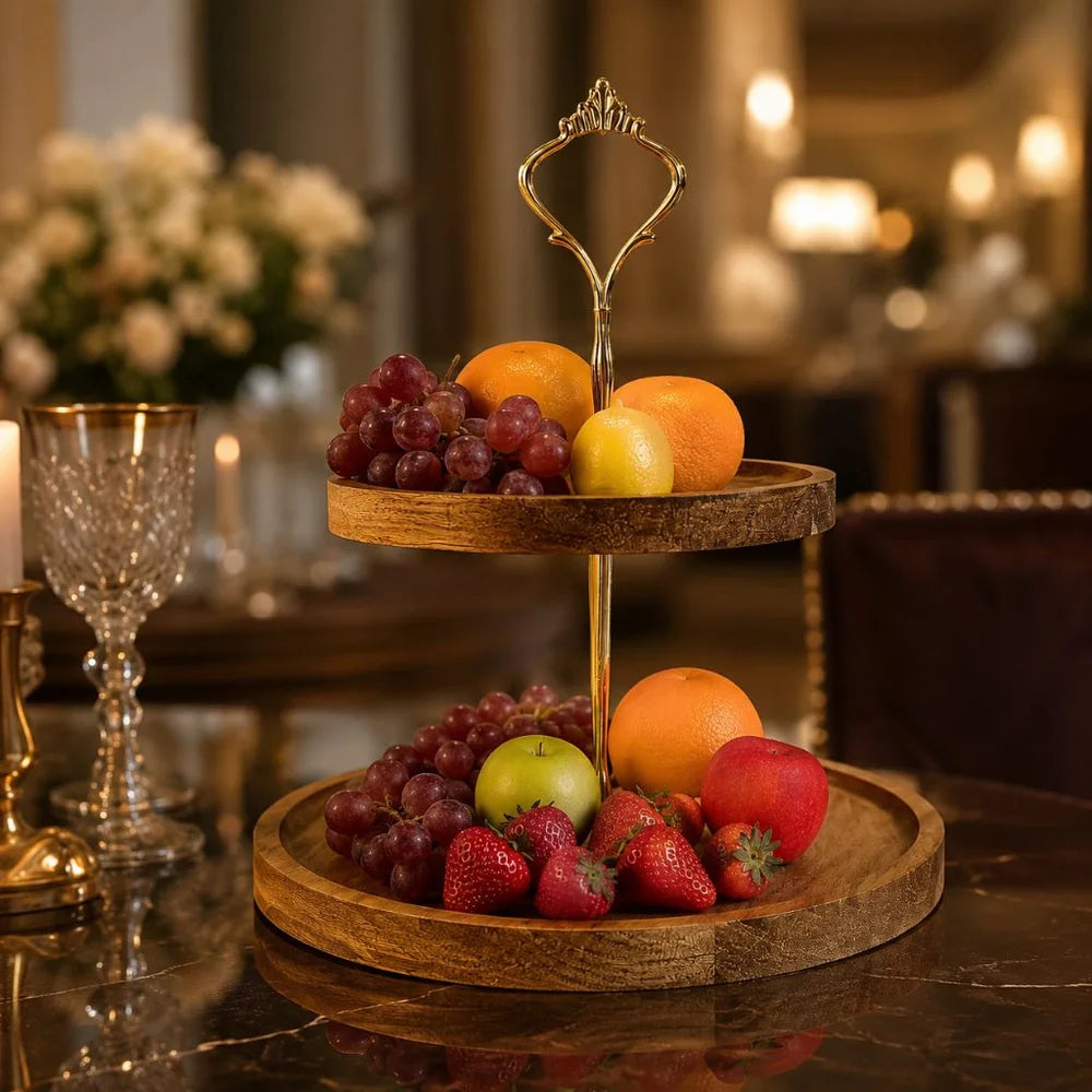 Japanese solid wood fruit tray two tier round snack plate - view 7