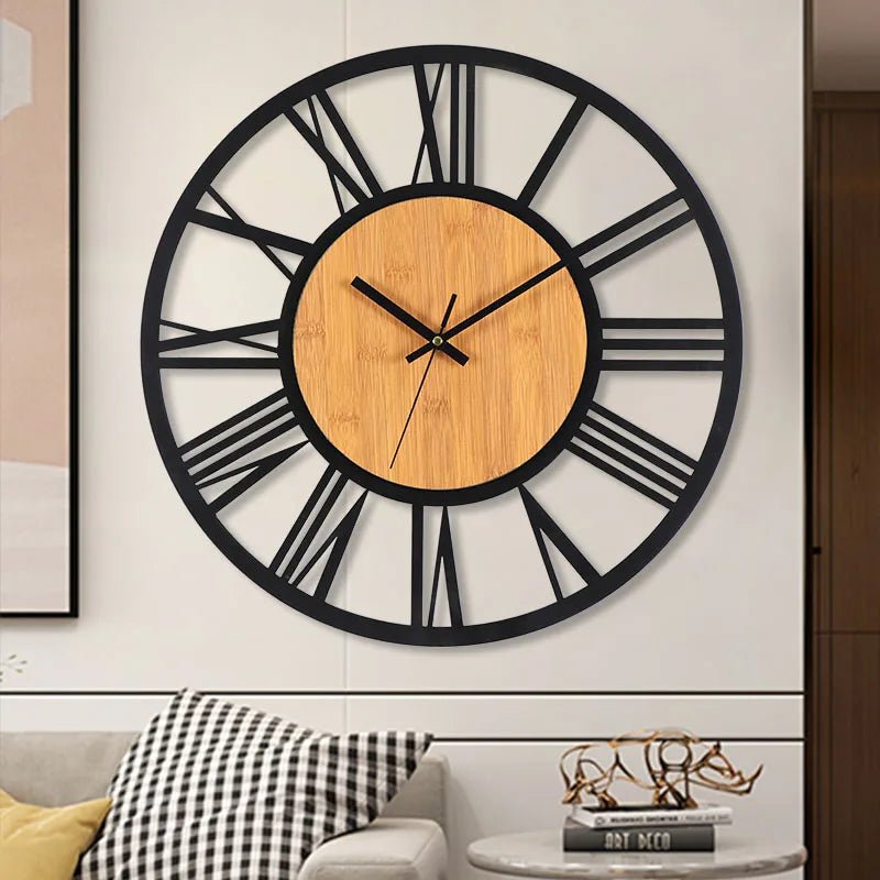 Large Round Wood Iron Wall Clock - Roman Numerals - Lattea Global