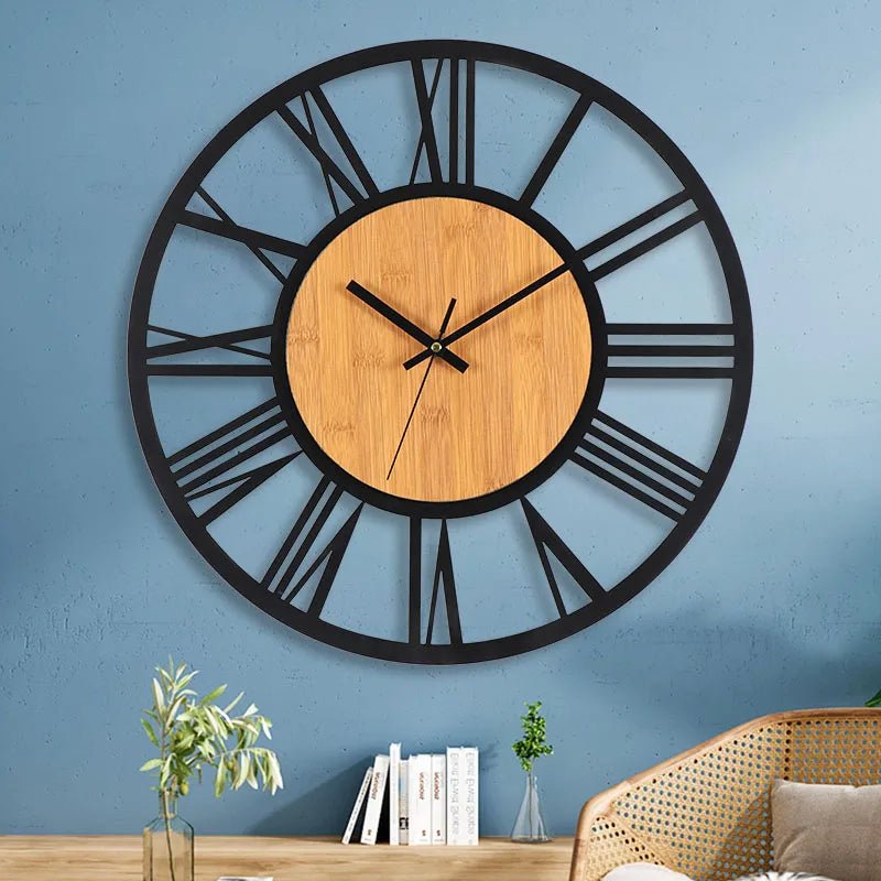 Large Round Wood Iron Wall Clock - Roman Numerals - Lattea Global