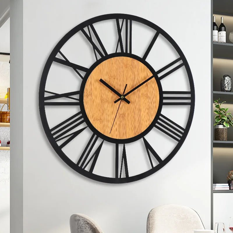 Large Round Wood Iron Wall Clock - Roman Numerals - Lattea Global