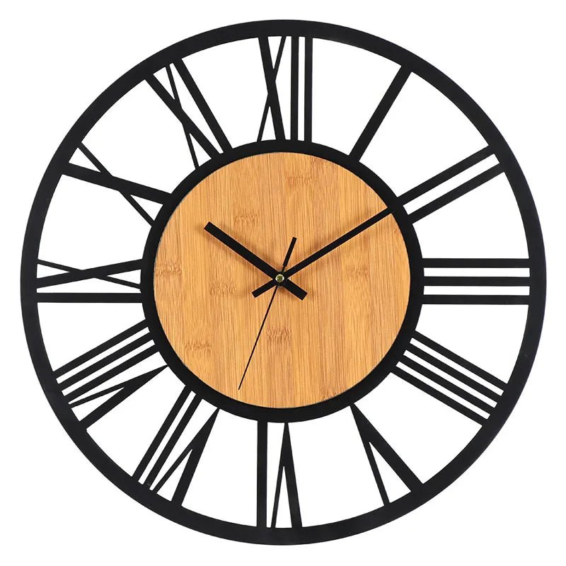 Large Round Wood Iron Wall Clock - Roman Numerals - Lattea Global