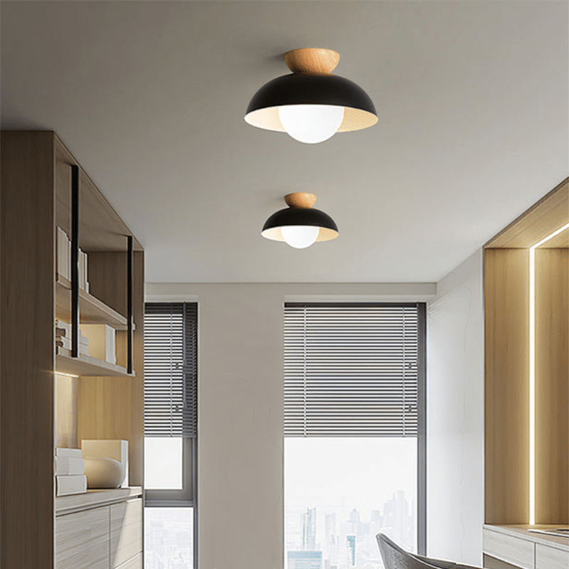 Lattea Global black metal dome flush ceiling light with frosted glass and wood cap