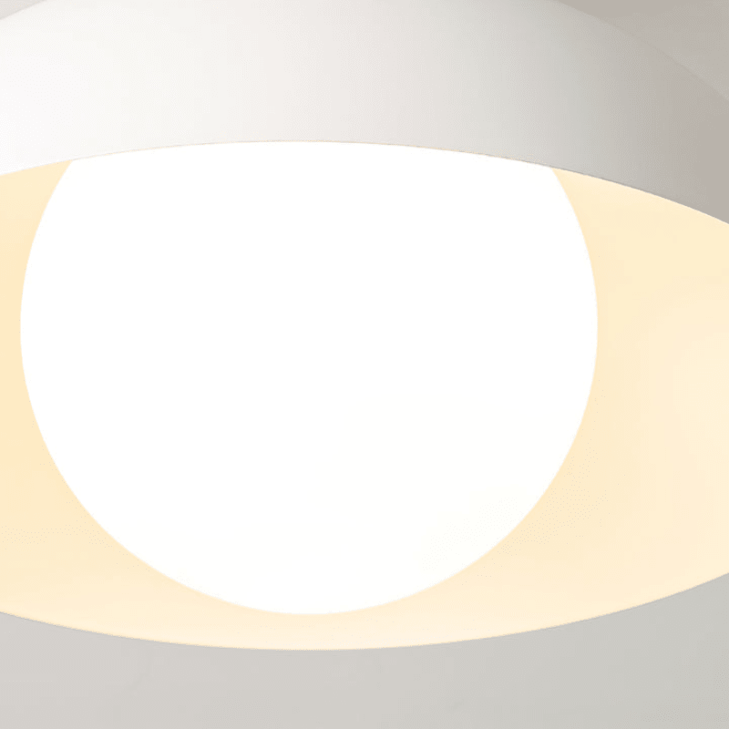 Lattea Global white metal dome flush ceiling light with frosted glass diffuser and natural wood cap detail.