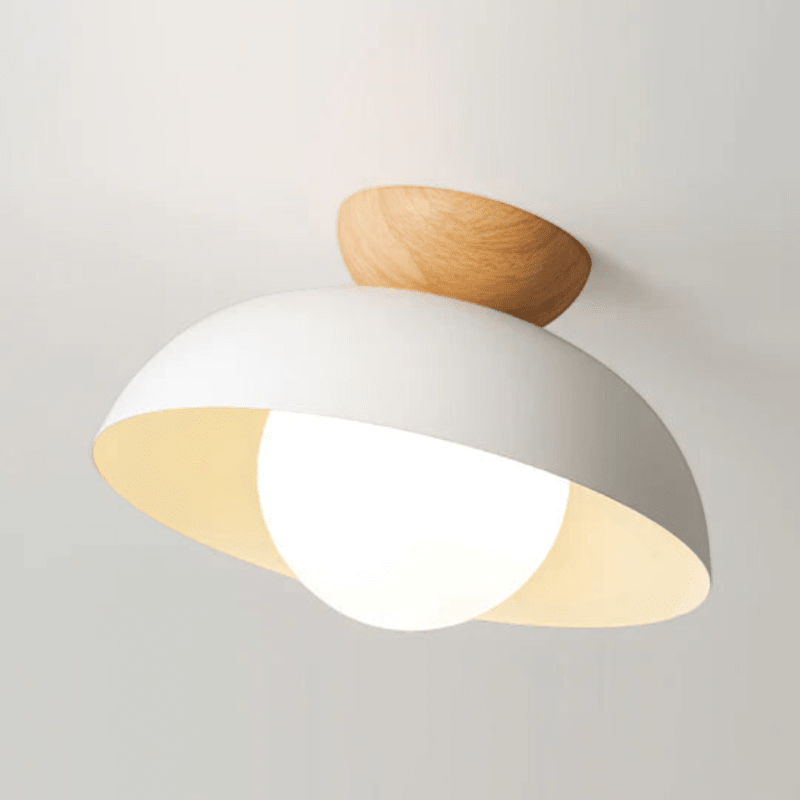 Lattea Global white metal dome flush ceiling light with frosted glass and natural wood cap.