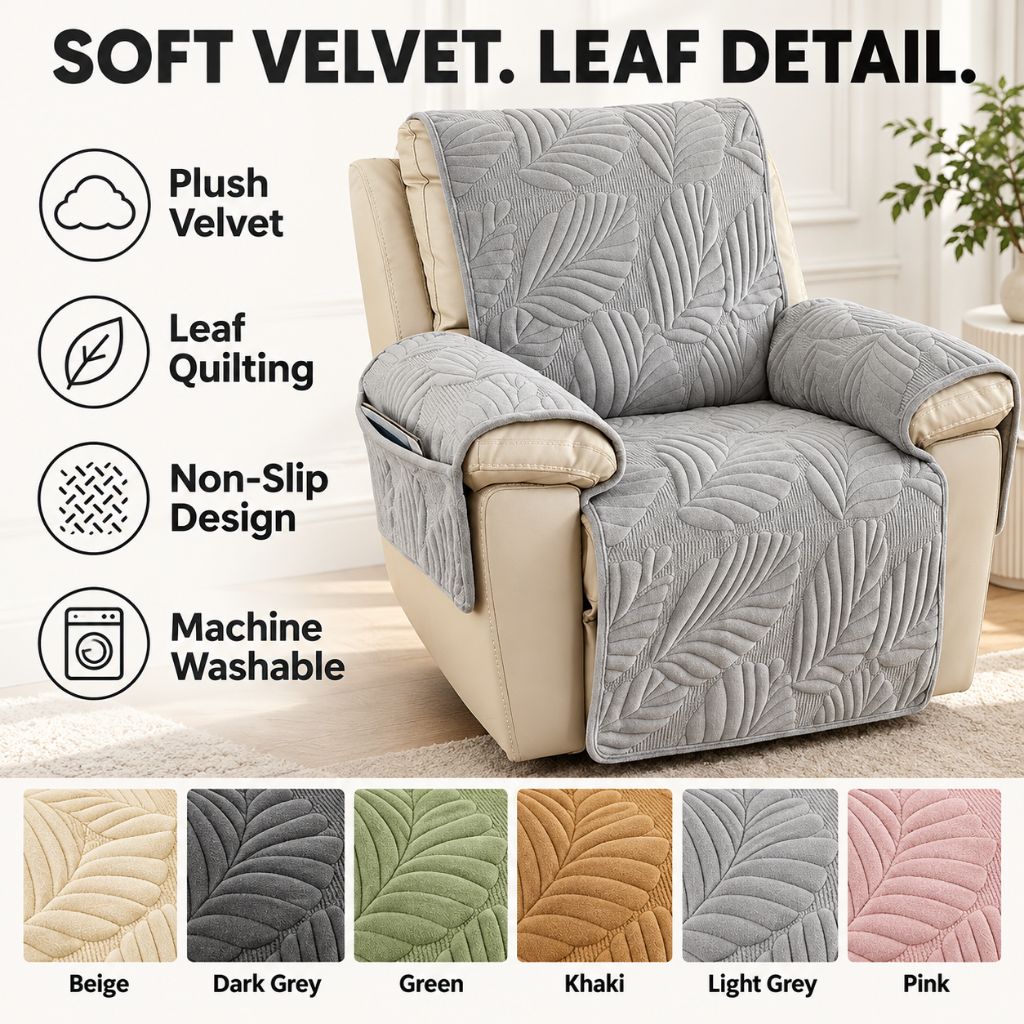 Leaf Quilted Velvet Recliner Chair Cover with Armrest Panels