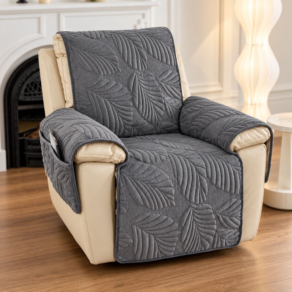 Leaf Quilted Velvet Recliner Chair Cover with Armrest Panels
