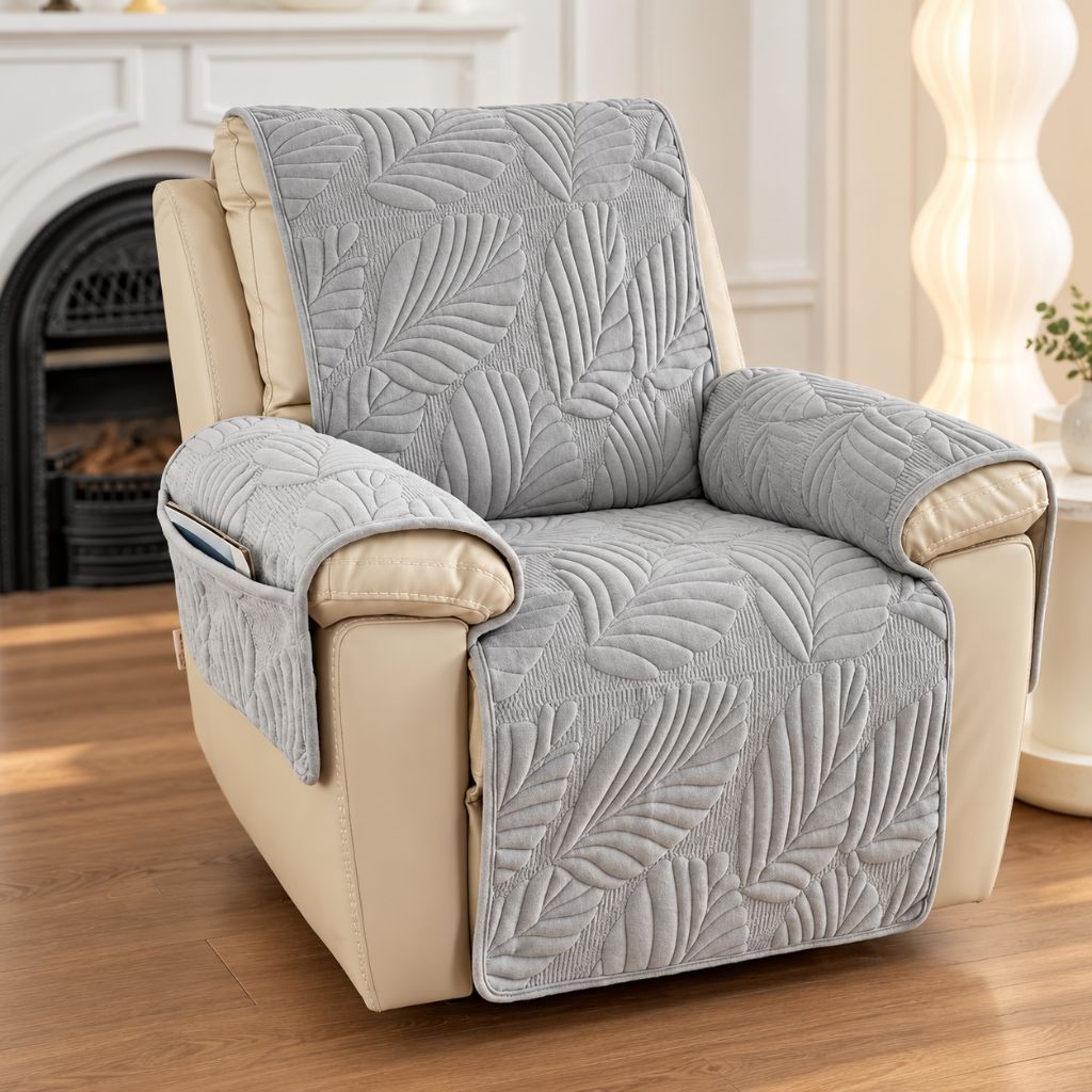 Leaf Quilted Velvet Recliner Chair Cover with Armrest Panels