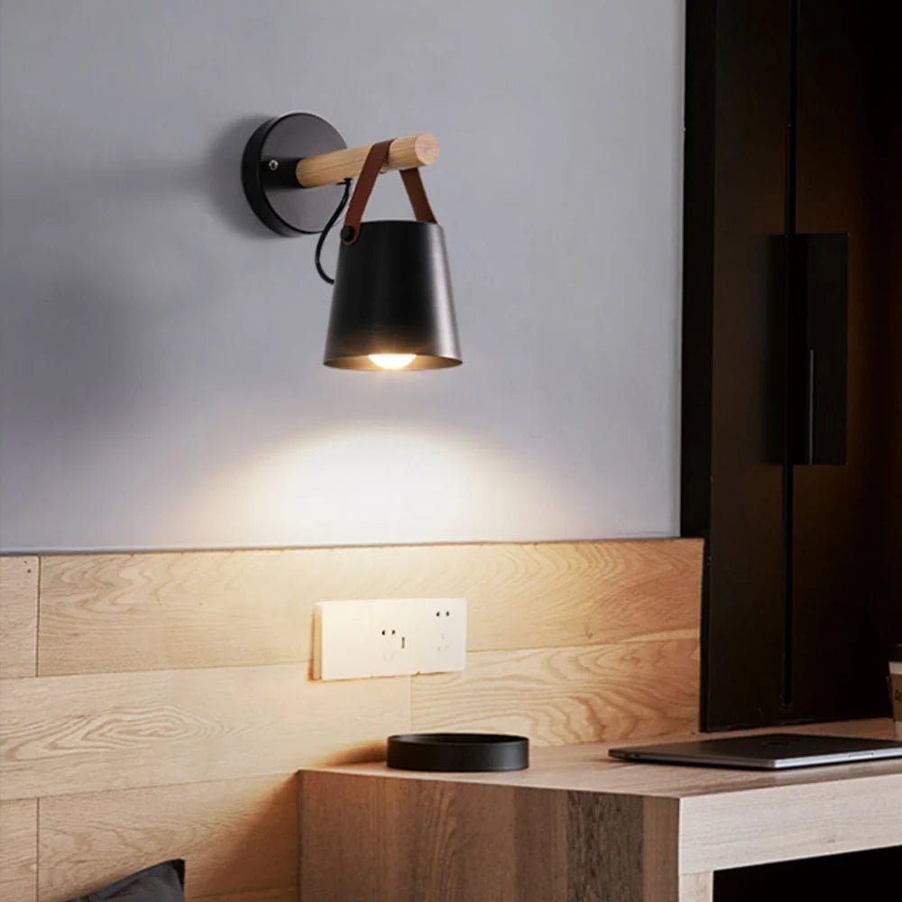 LED Bedside Wall Light with Leather and Wood Finish - Lattea Global