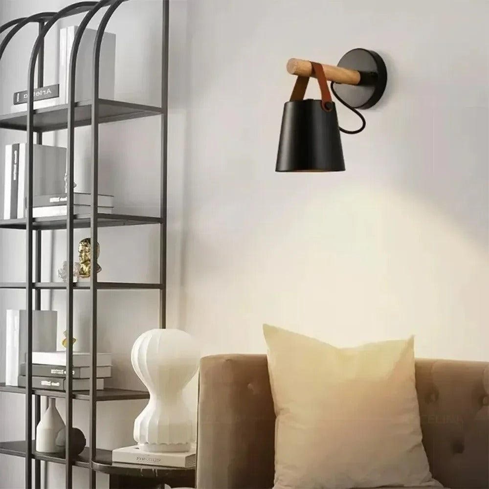 LED Bedside Wall Light with Leather and Wood Finish - Lattea Global