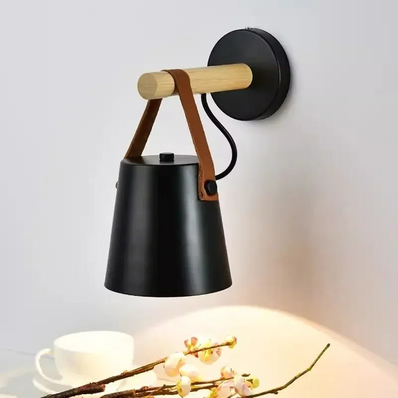 LED Bedside Wall Light with Leather and Wood Finish - Lattea Global