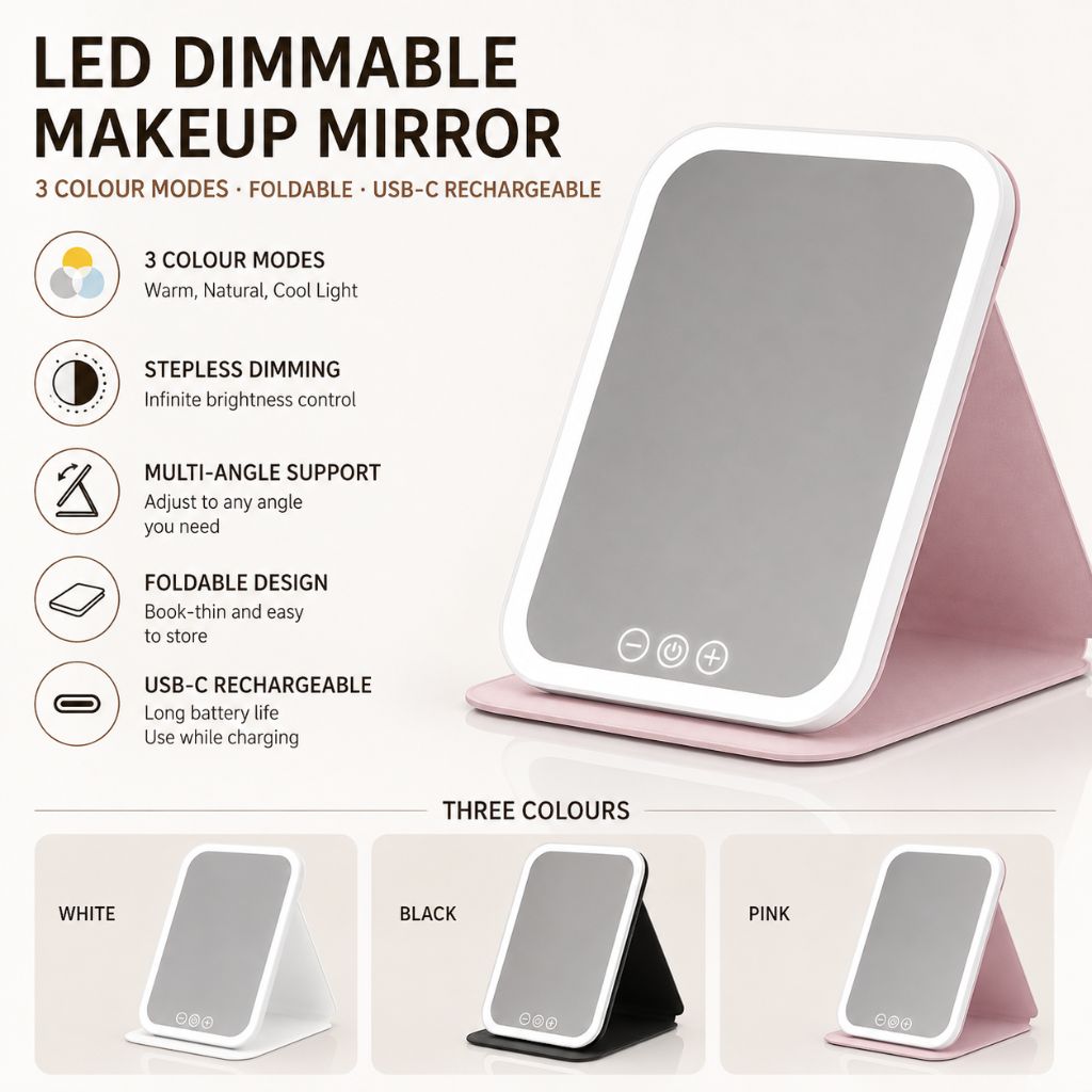 LED Foldable Makeup Mirror - 3 Colour Dimmable Modes Rechargeable