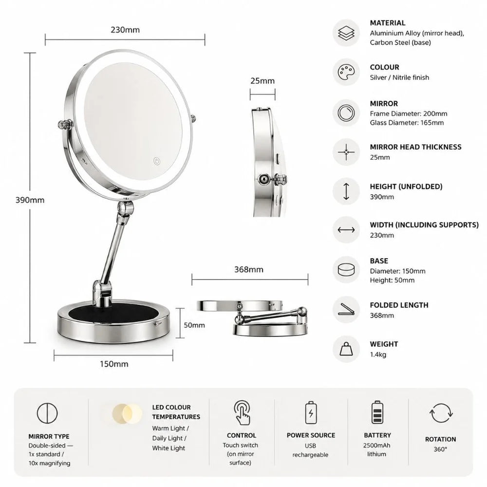 Lighted tabletop makeup mirror 10x magnifying - touch screen light control – view 16
