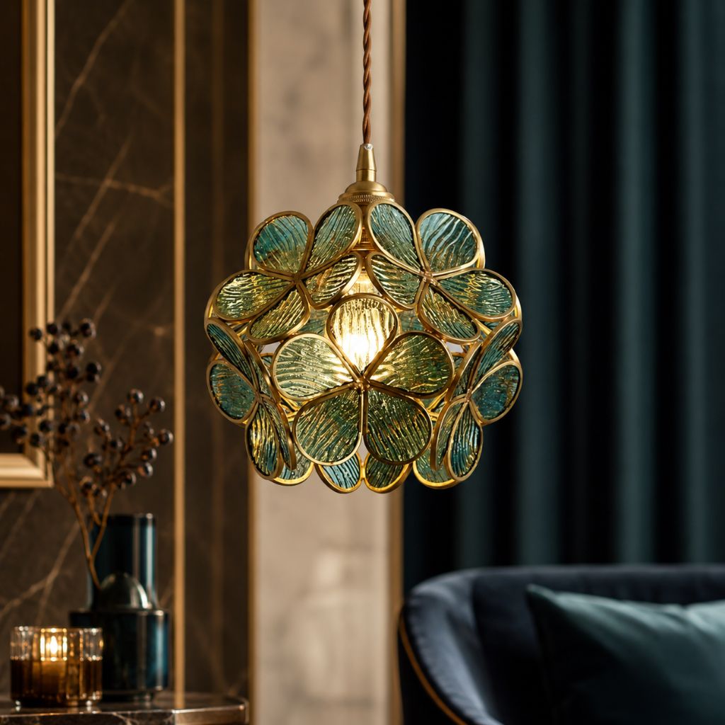 LotusGlow Vintage Brass & Glass Flower Pendant Light