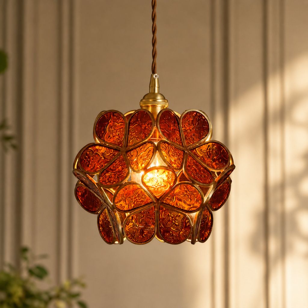 LotusGlow Vintage Brass & Glass Flower Pendant Light