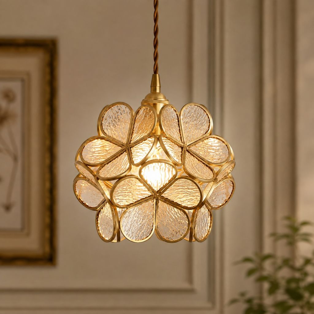 LotusGlow Vintage Brass & Glass Flower Pendant Light