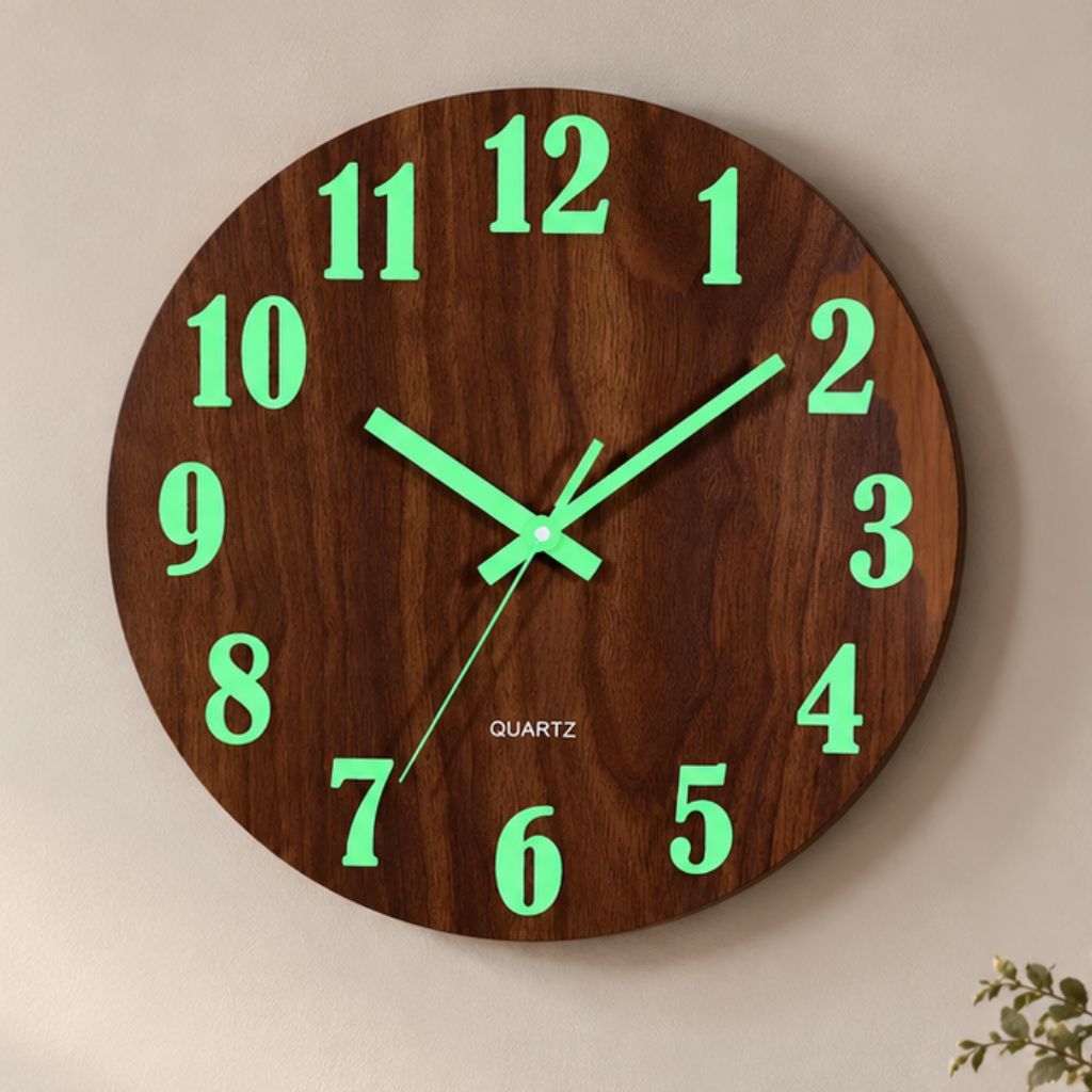 Luminous Wood-Grain Quartz Wall Clock