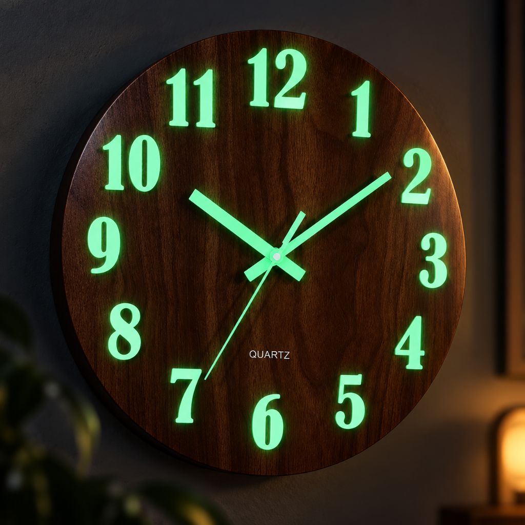 Luminous Wood-Grain Quartz Wall Clock