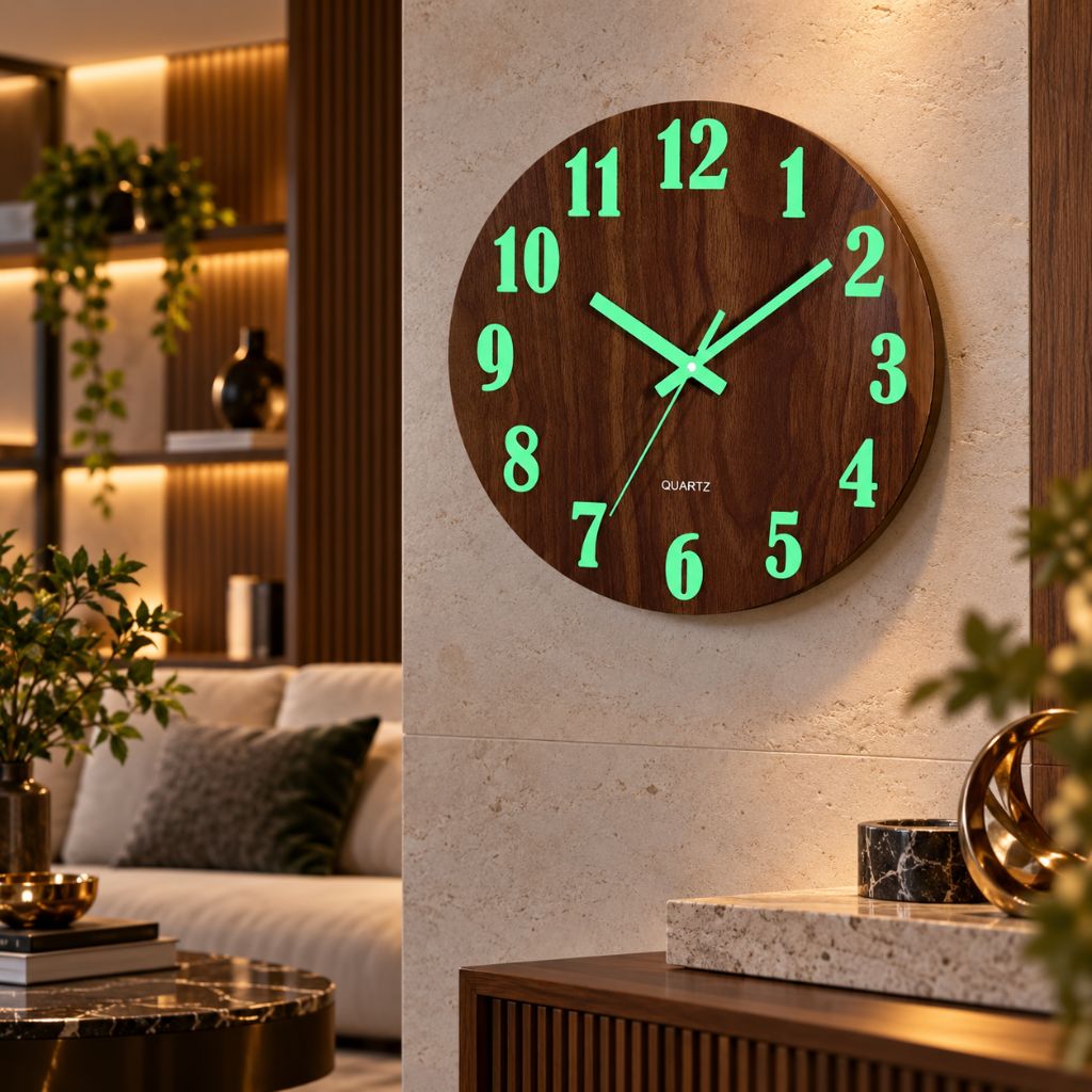 Luminous Wood-Grain Quartz Wall Clock