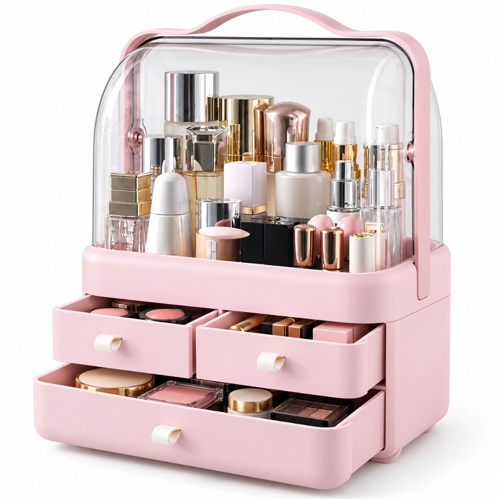 Makeup Organiser with Clear Dust Cover and Three Drawers