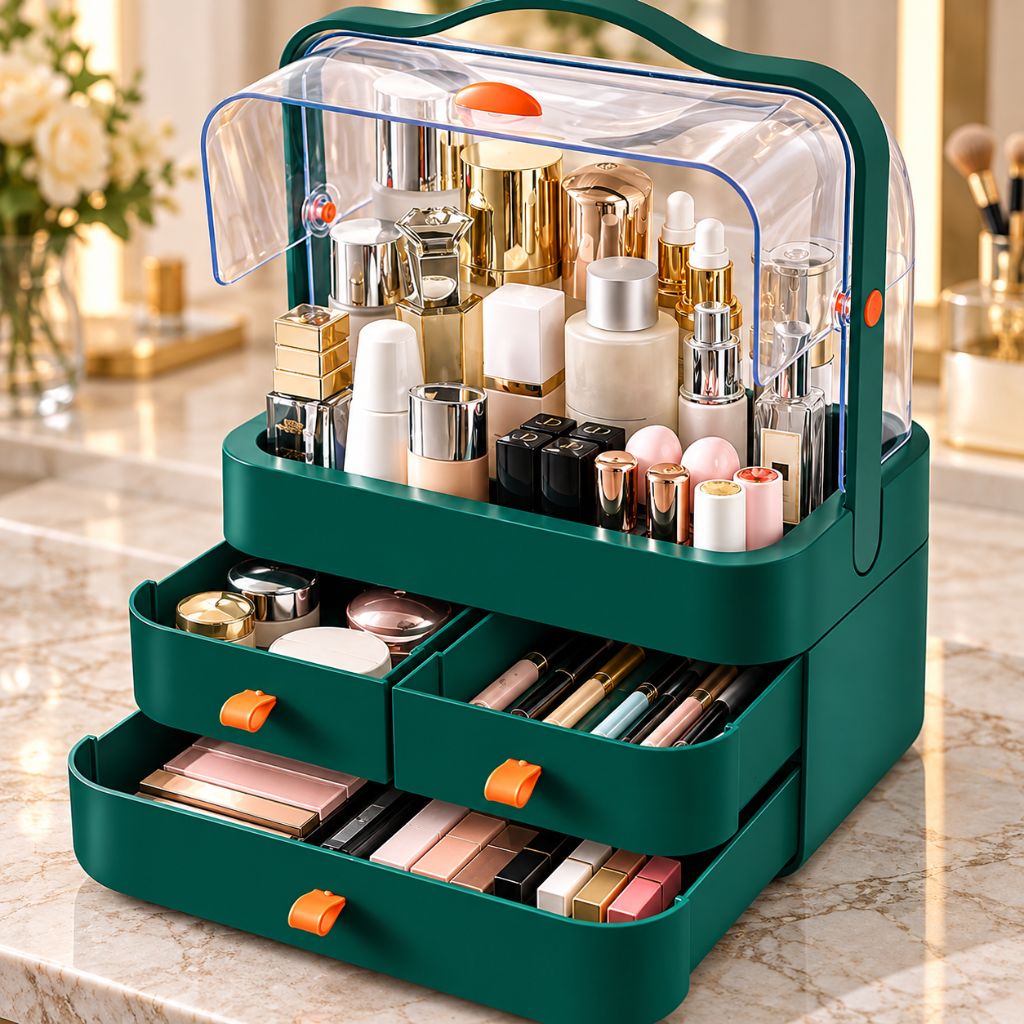 Makeup Organiser with Clear Dust Cover and Three Drawers