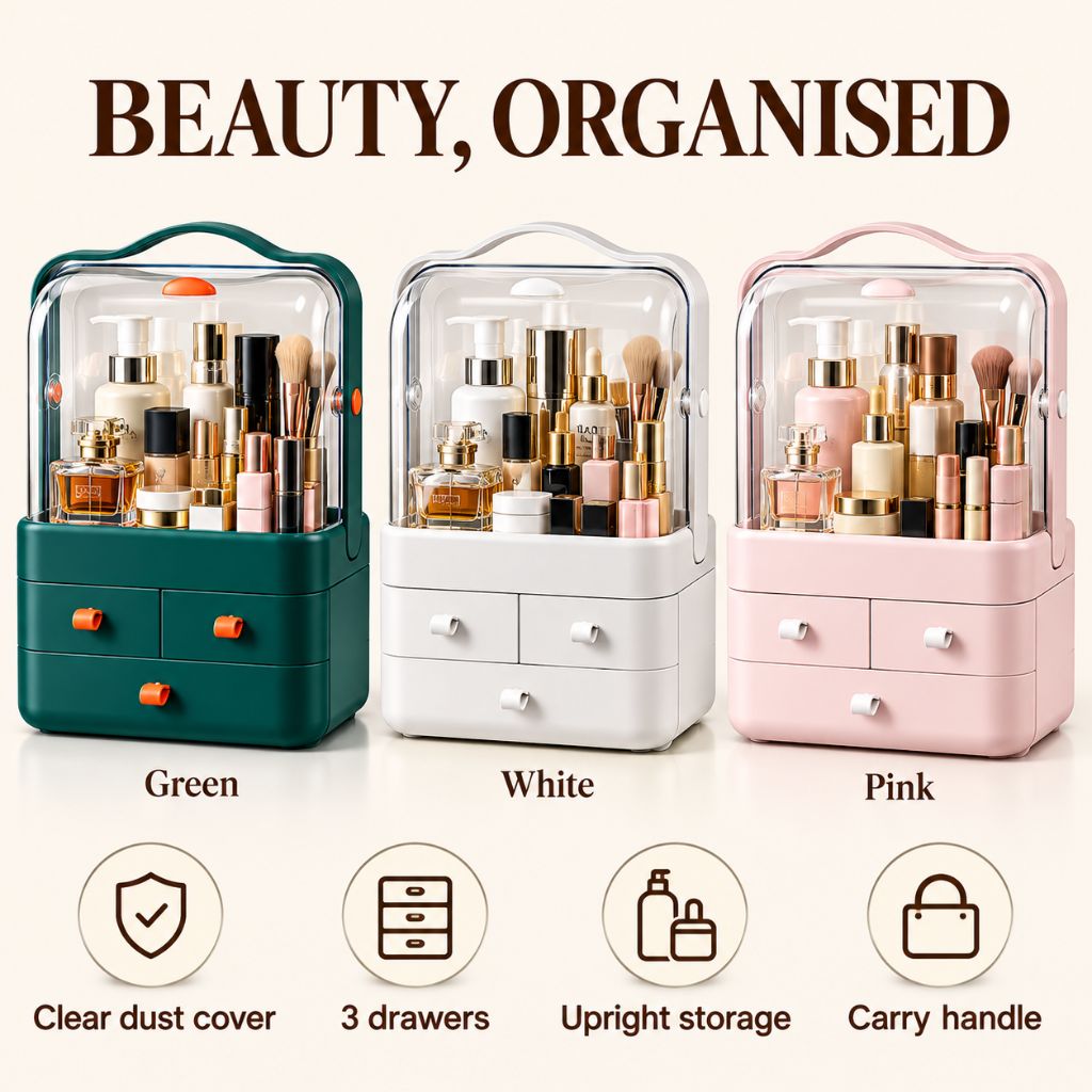 Makeup Organiser with Clear Dust Cover and Three Drawers