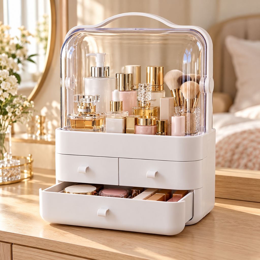 Makeup Organiser with Clear Dust Cover and Three Drawers