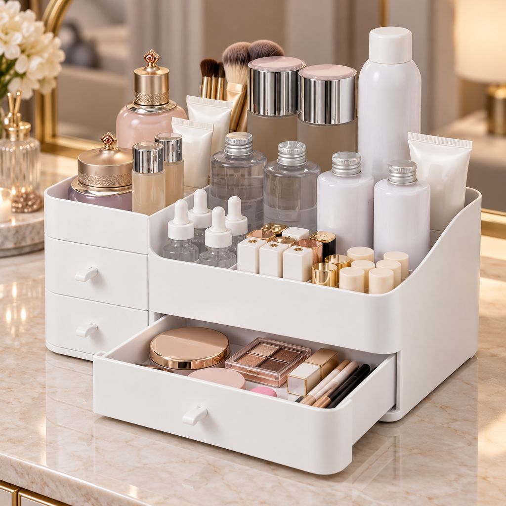 Makeup Organiser with Three Drawers and Open Compartments