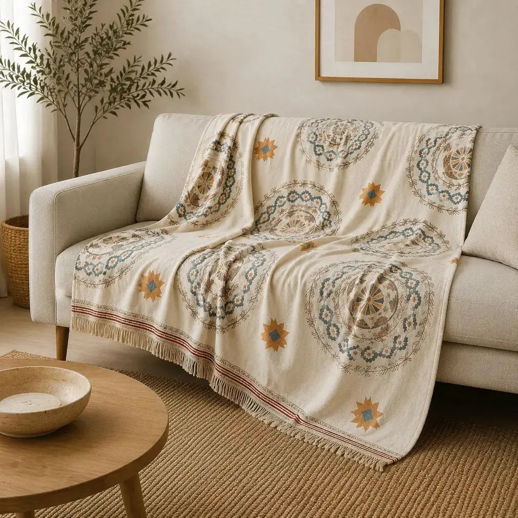Mandala Cotton Throw Blanket styled on a warm neutral sofa