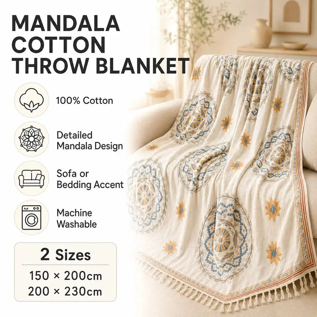 Mandala Cotton Throw Blanket benefits and available sizes