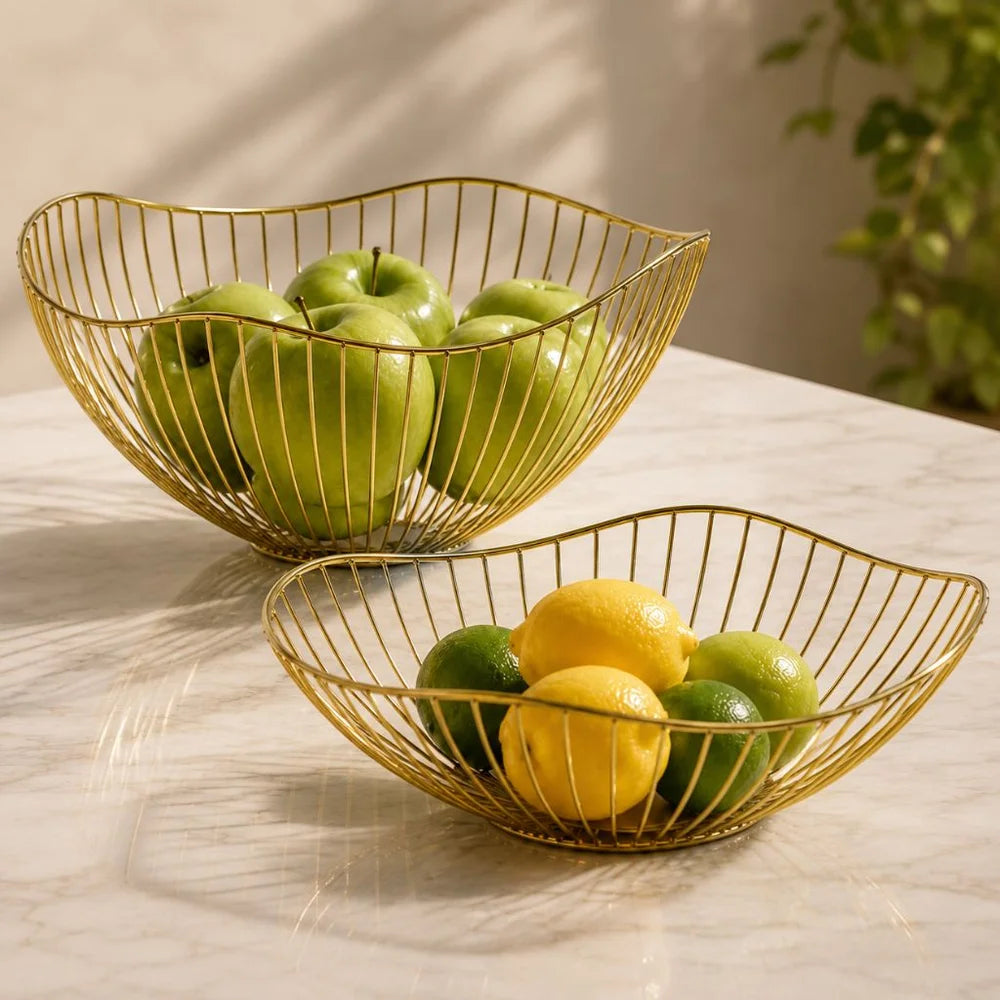 Metal wire fruit basket set - round and oval kitchen storage bowl - view 2