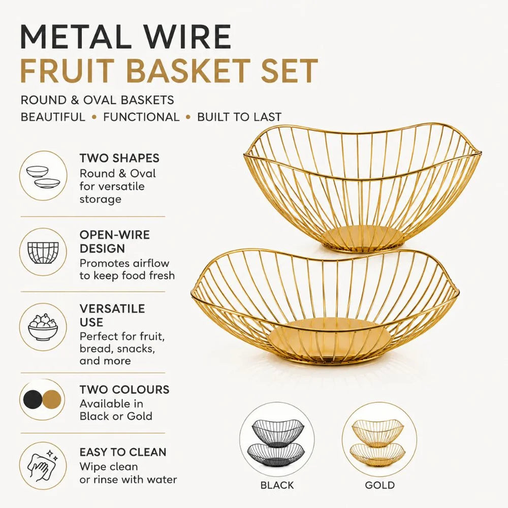 Metal wire fruit basket set - round and oval kitchen storage bowl - view 4