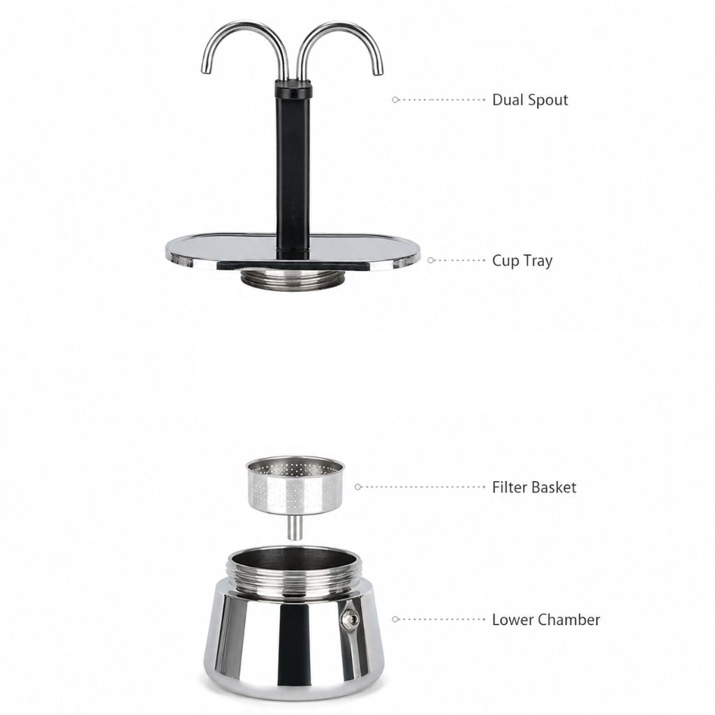 Mini Moka Pot Dual Spot Stainless Steel Espresso Maker - 2 Cup | 100ml