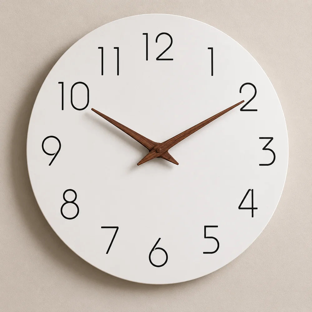 Minimalist black and white nordic wall clock with wooden hands
