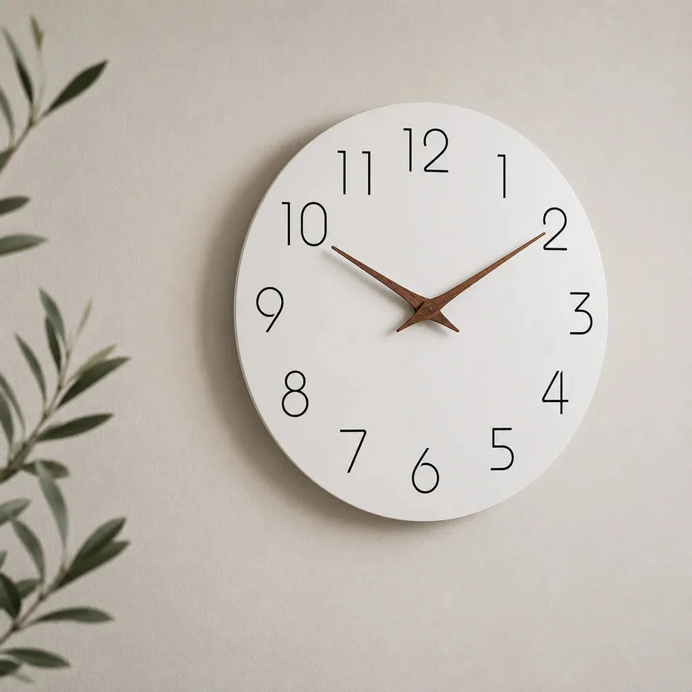 Minimalist black and white nordic wall clock with wooden hands – view 2