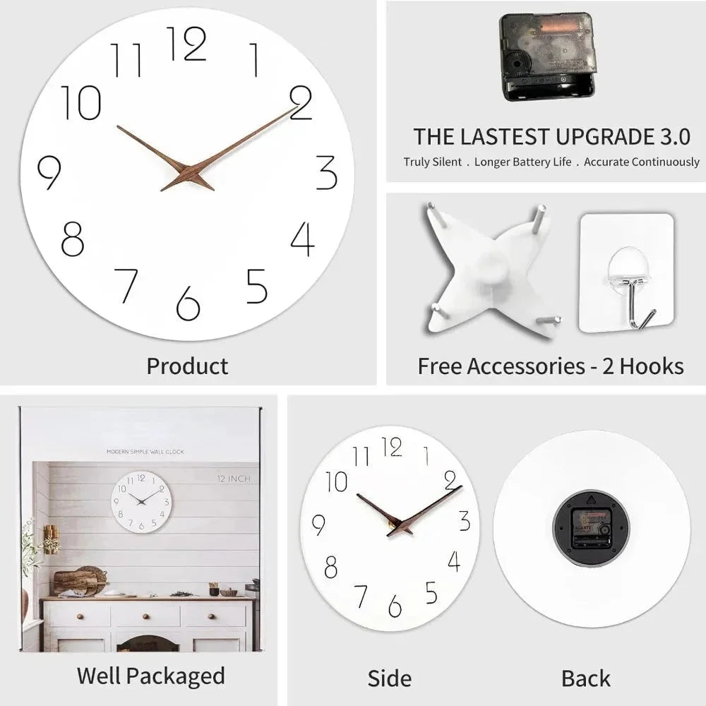 Minimalist black and white nordic wall clock with wooden hands – view 9