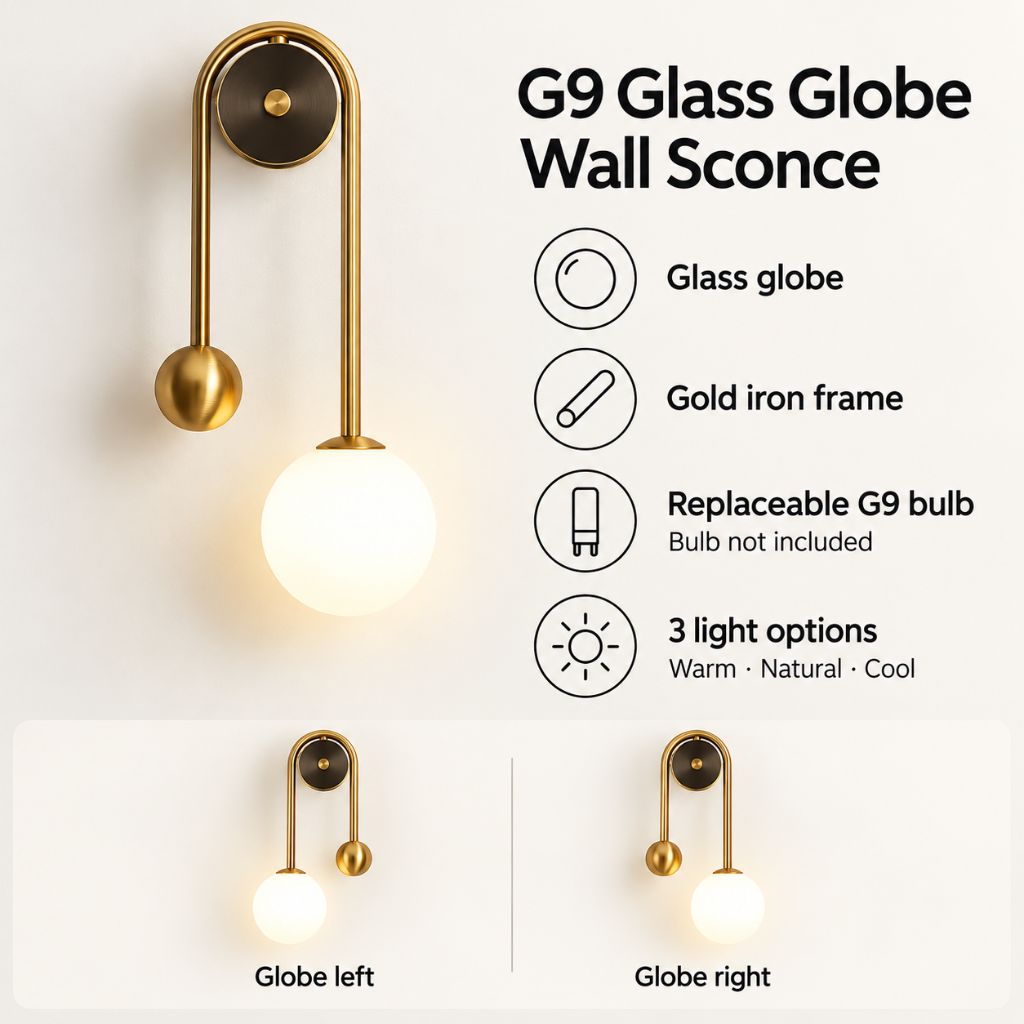 Modern G9 Glass Globe Wall Sconce with Iron Frame