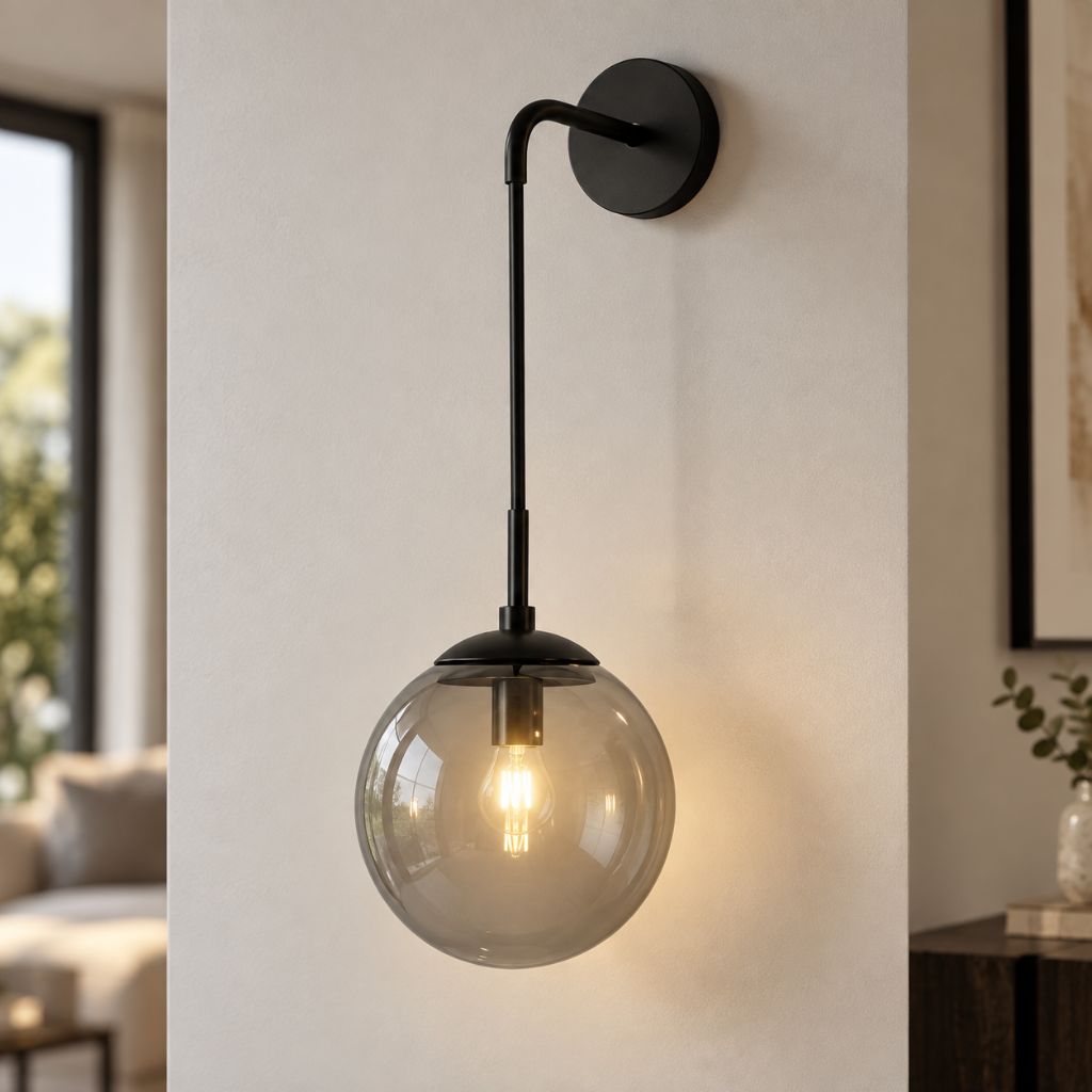 Modern Glass Globe E27 Wall Sconce with Iron Frame