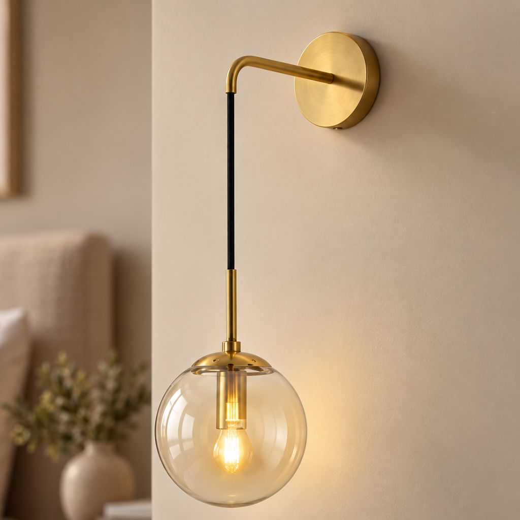Modern Glass Globe E27 Wall Sconce with Iron Frame