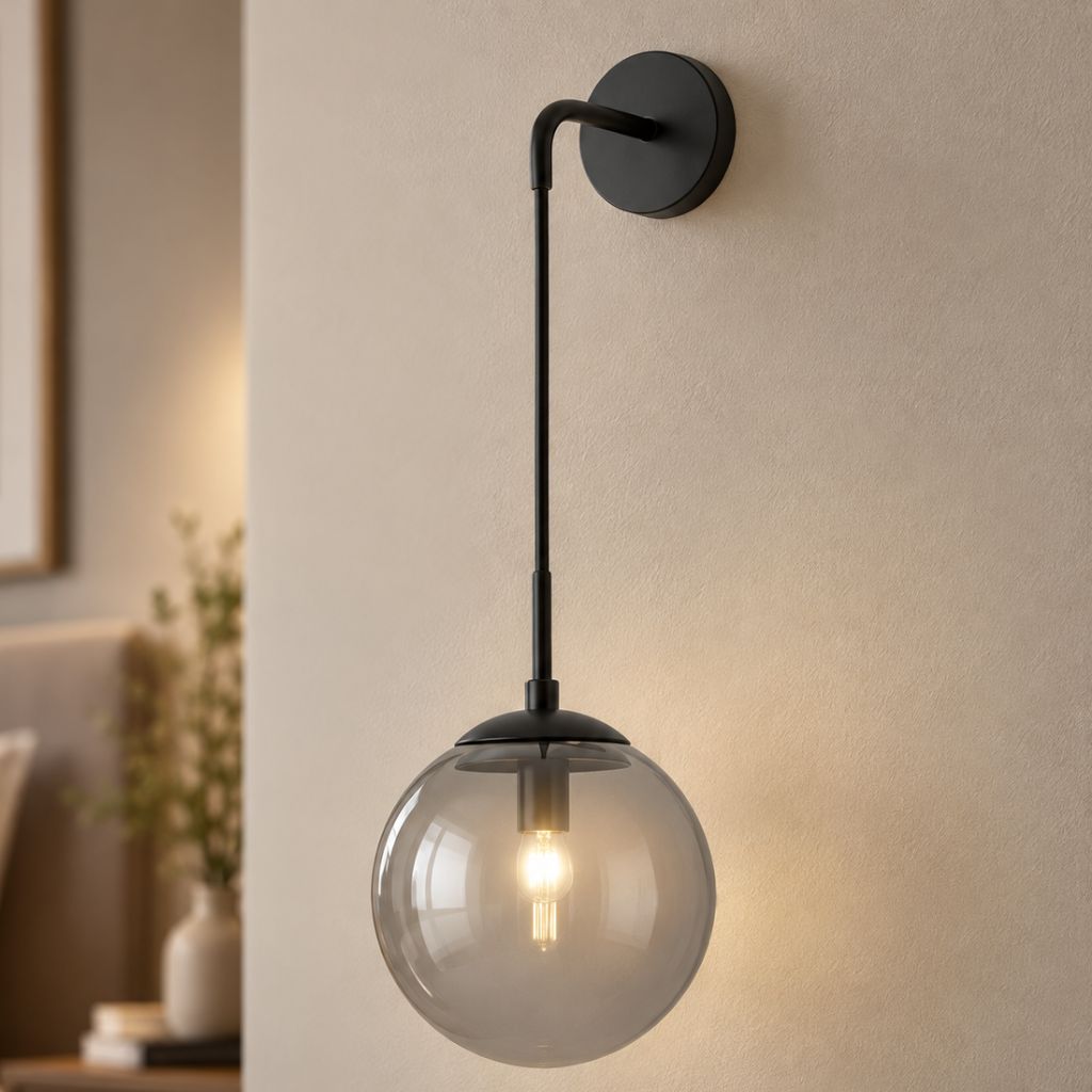 Modern Glass Globe E27 Wall Sconce with Iron Frame