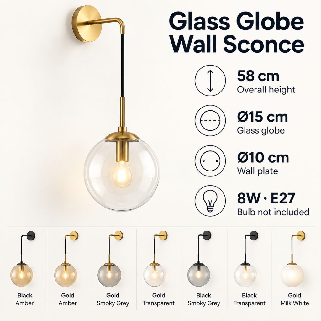 Modern Glass Globe E27 Wall Sconce with Iron Frame