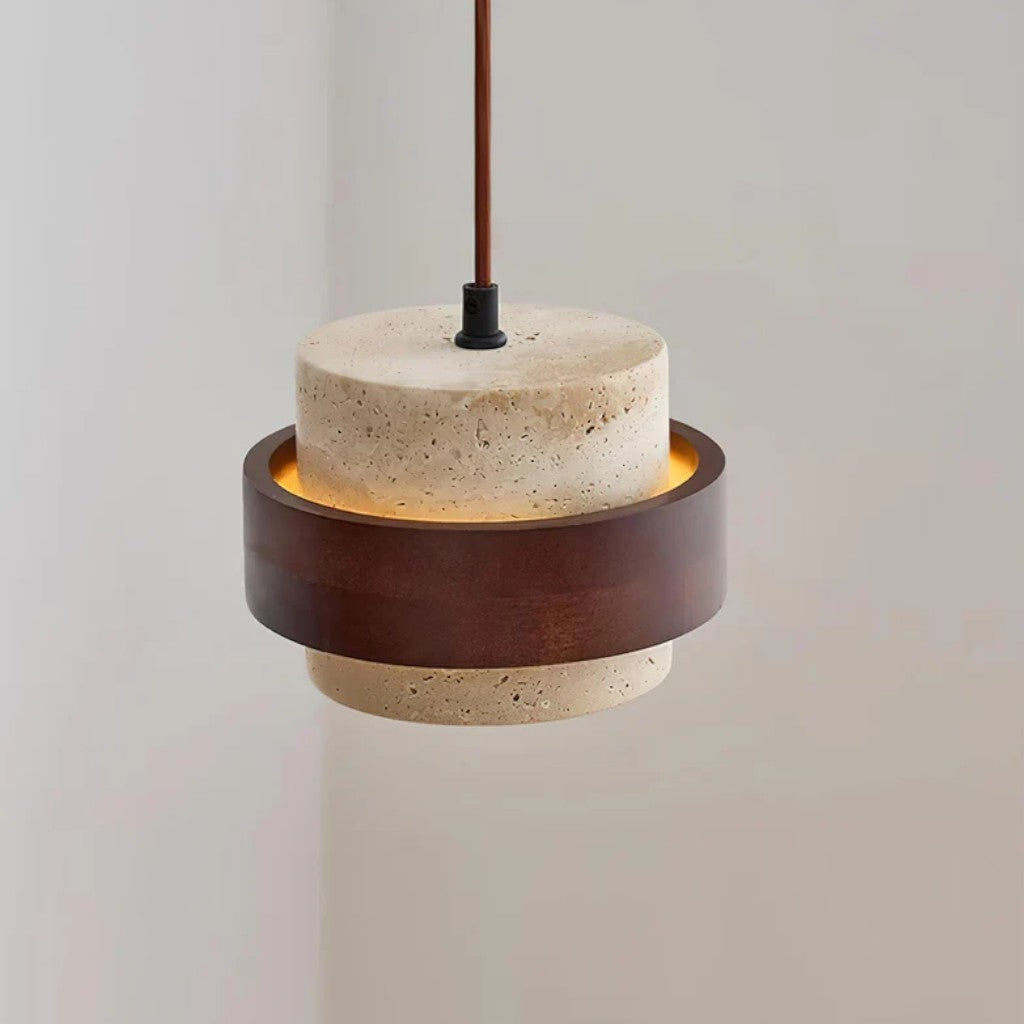 Natural Travertine Stone & Walnut Pendant Light