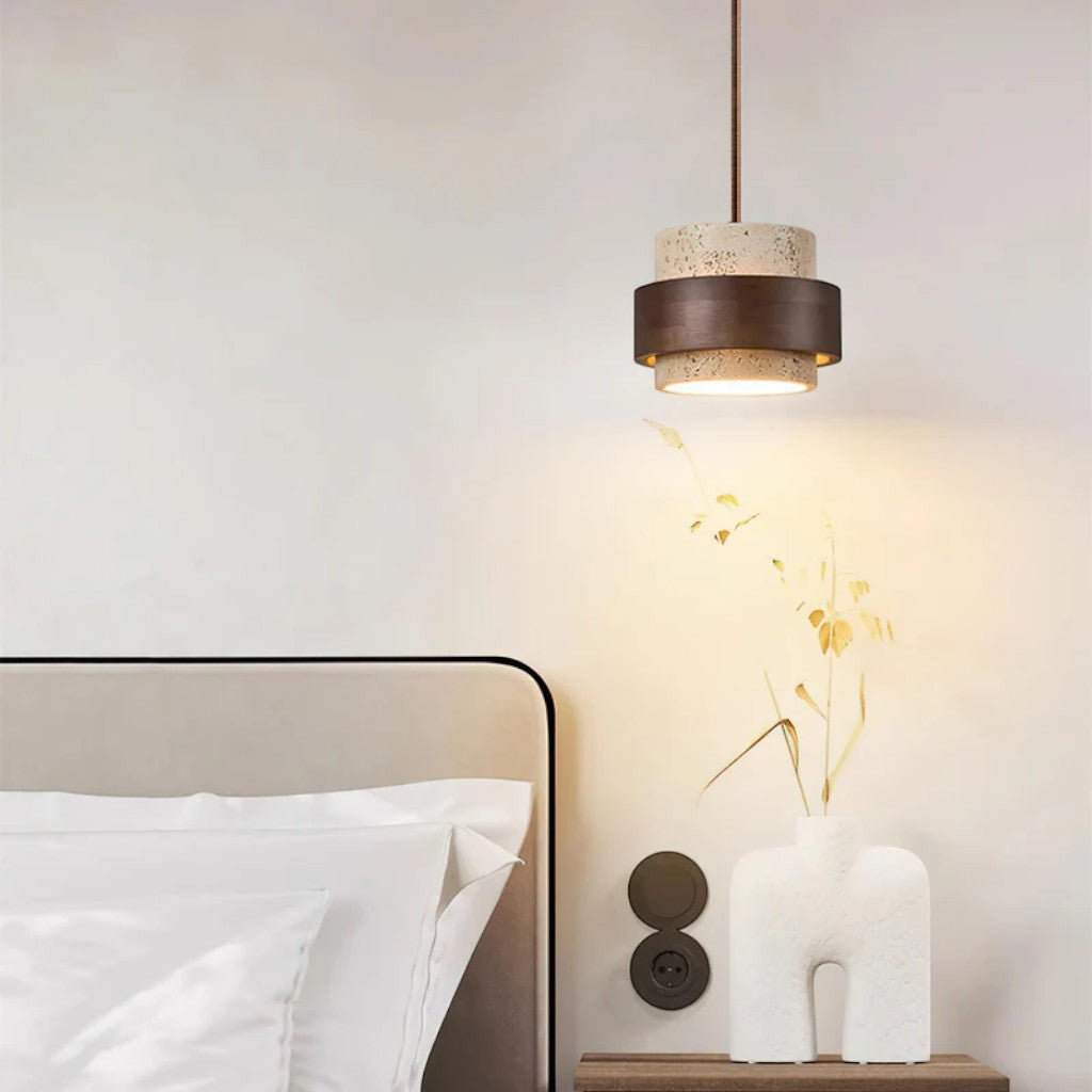 Natural Travertine Stone & Walnut Pendant Light