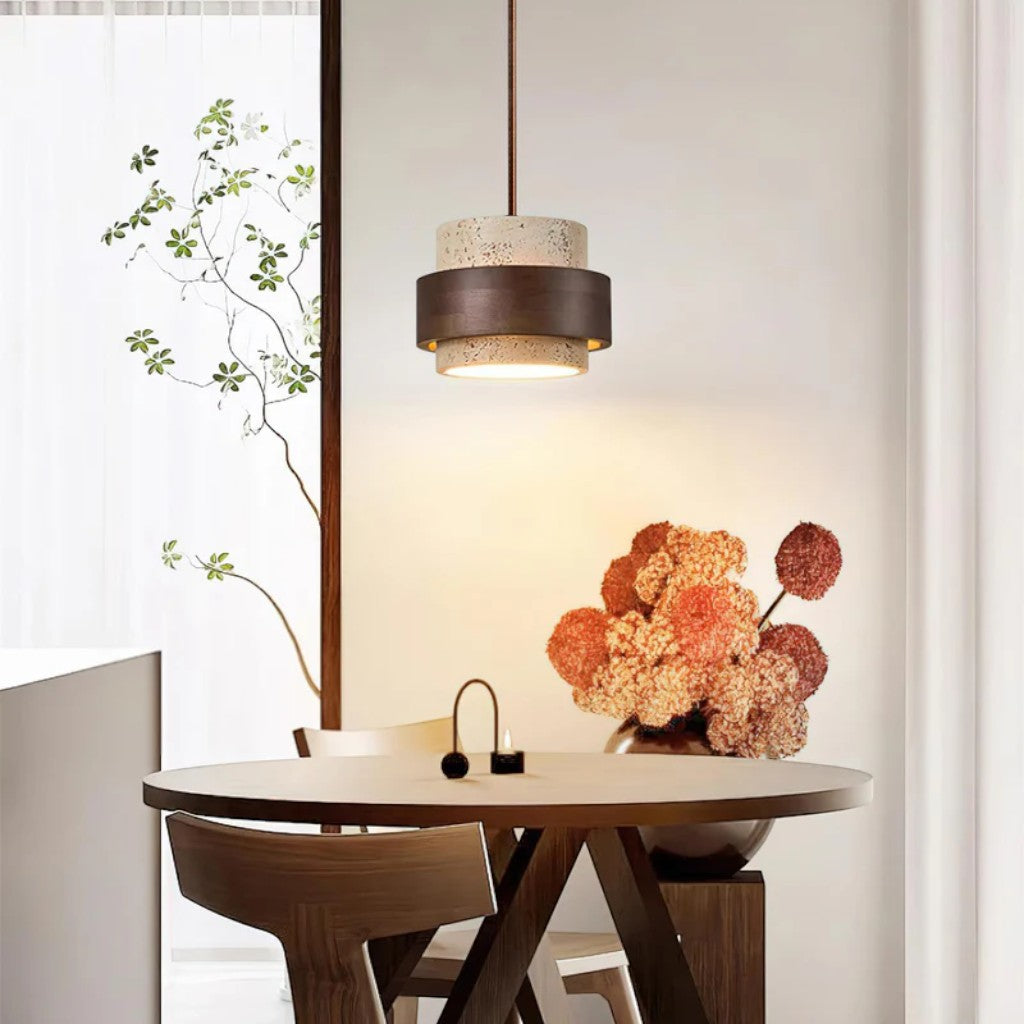 Natural Travertine Stone & Walnut Pendant Light