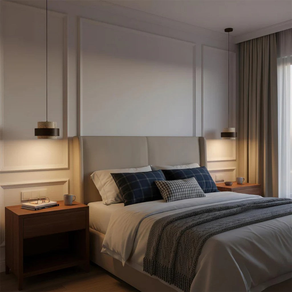 Natural Travertine Stone & Walnut Pendant Light