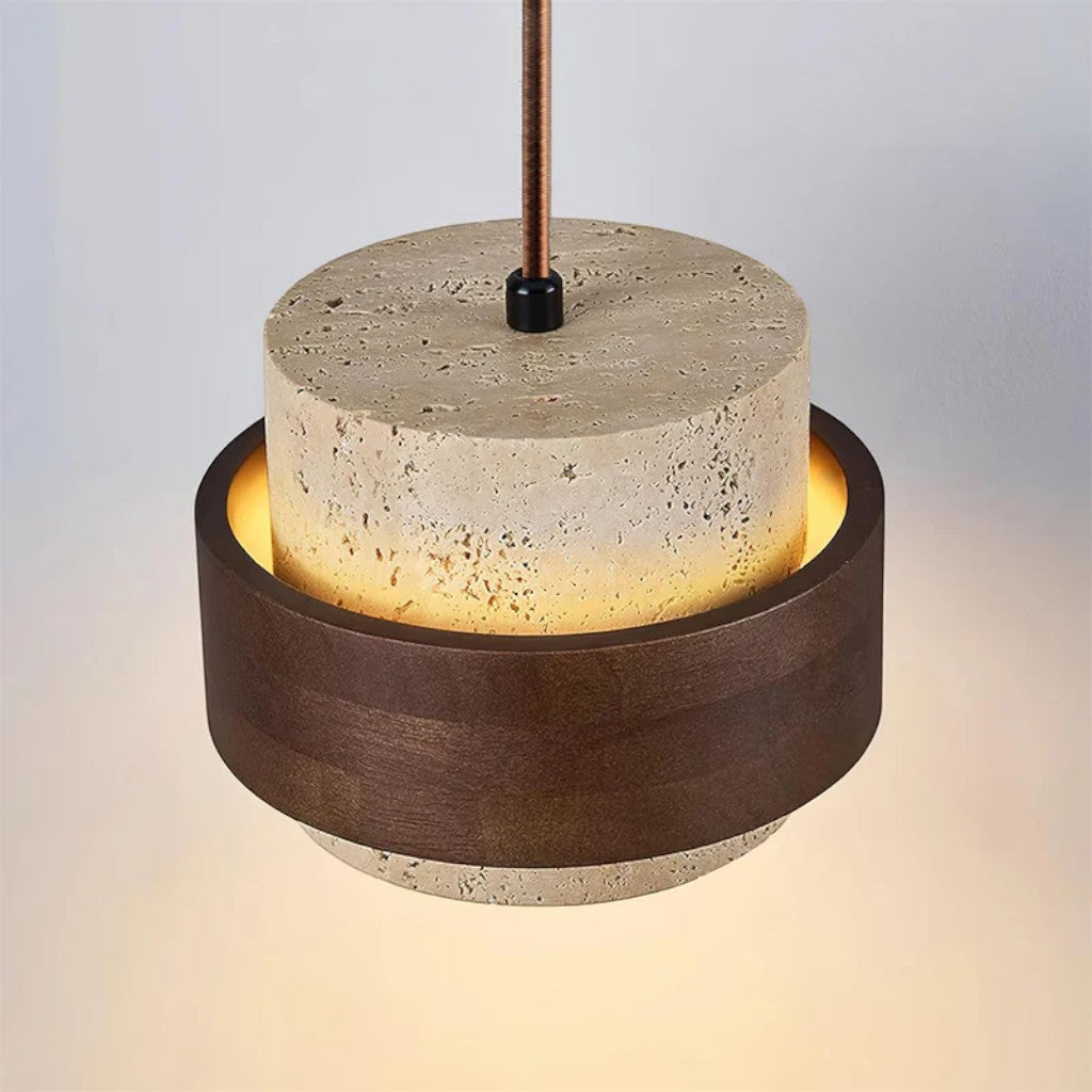 Natural Travertine Stone & Walnut Pendant Light