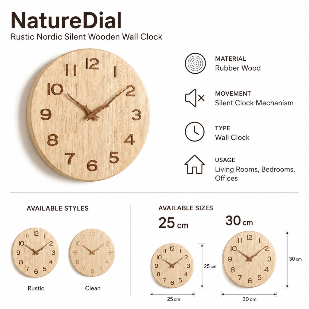 NatureDial Rustic Nordic Silent Wooden Wall Clock